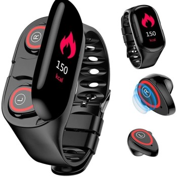 Фитнес гривна + Wireless Bluetooth TWS Слушалки Fenix M1, fitness monitoring, Черен