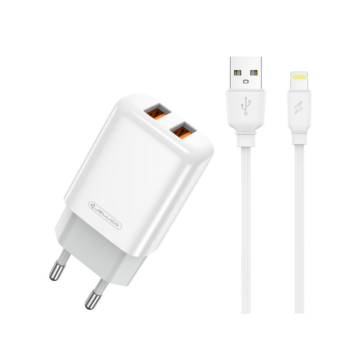 Зарядно JELLICO EU02, 2x USB, 2.4A, Lightning Кабел, White