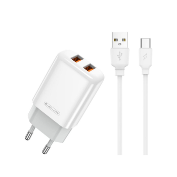 Зарядно JELLICO EU02, 2x USB, 2.4A, Type C Кабел, White