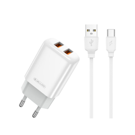 Зарядно JELLICO EU02, 2x USB, 2.4A, Type C Кабел, White