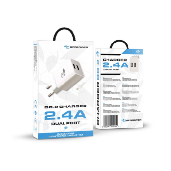 Зарядно BeePower BC-2, 2.4A, 2x USB + Lightning кабел, White
