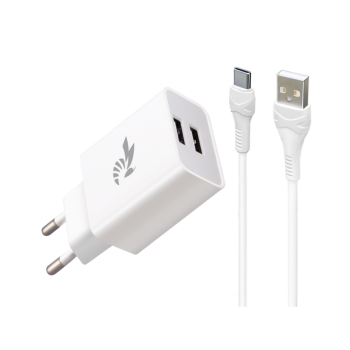 Зарядно BeePower BC-2, 2.4A, 2x USB + USB-C кабел, White