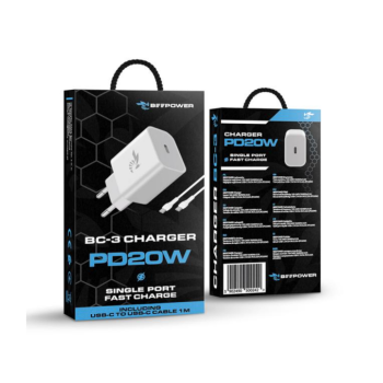 Зарядно BeePower BC-3, 20W, PD USB-C Към USB-C Кабел, White