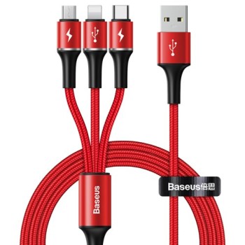 Кабел Baseus Halo 3in1 micro USB / Lightning / USB Type-C LED, 3,5A 1,2m , Червен