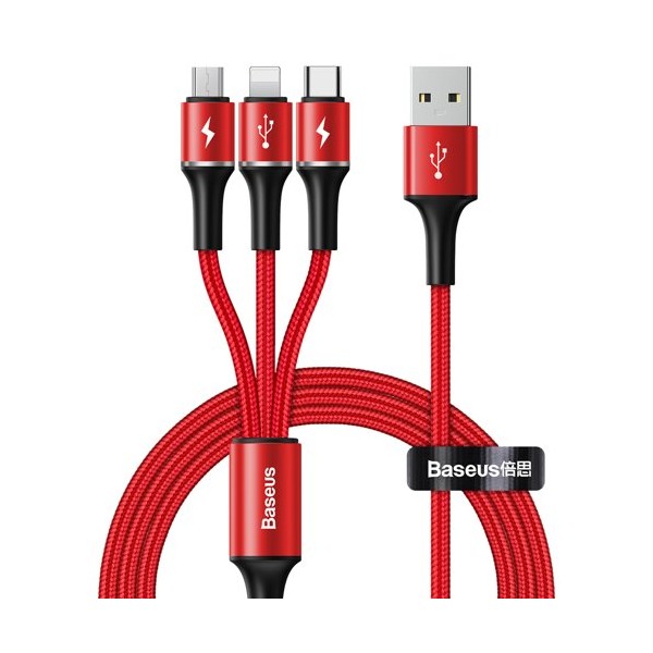 Кабел Baseus Halo 3in1 micro USB / Lightning / USB Type-C LED, 3,5A 1,2m , Червен