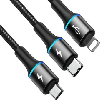 Кабел Baseus Halo 3in1 micro USB / Lightning / USB Type-C LED, 3,5A 1,2m , Черен