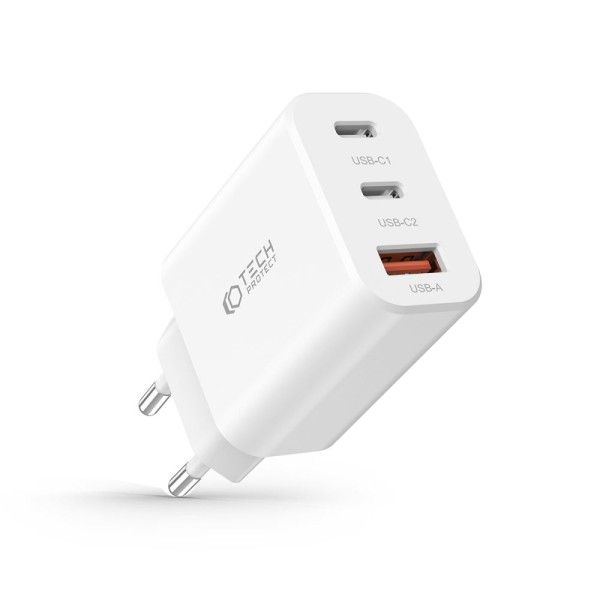 Зарядно Tech-Protect C30W, 3-Port, PD30W / QC3.0, White