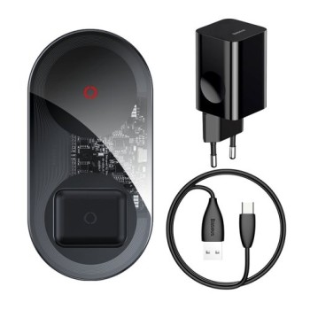 Безжично зарядно Baseus Simple 2in1 Wireless Charger+Кабел+Адаптер 24W, Черен