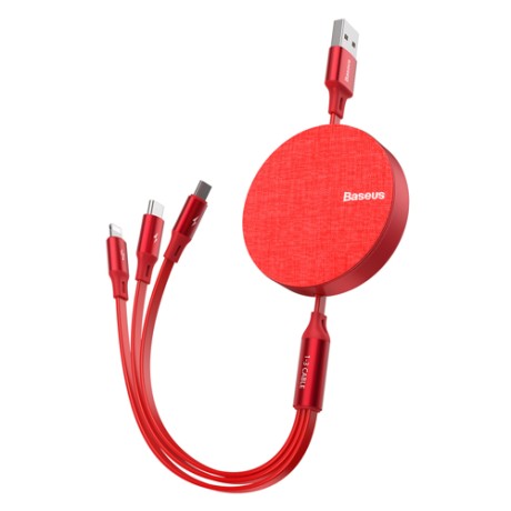 Кабел Baseus Fabric Retractable USB - micro USB / Lightning / USB-C 3.5A 1,2M, Червен