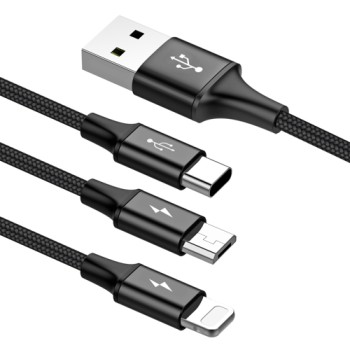Кабел  Baseus Rapid USB - micro USB / Lightning / USB-C 3A 1,2M, Черен