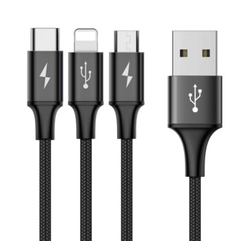 Кабел  Baseus Rapid USB - micro USB / Lightning / USB-C 3A 1,2M, Черен