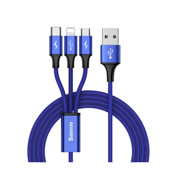 Кабел  Baseus Rapid USB - micro USB / Lightning / USB-C 3A 1,2M, Син