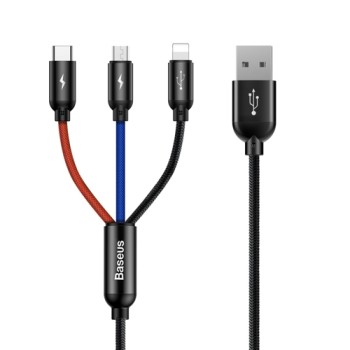 Кабел Baseus Three Primary Colors USB - micro USB / Lightning / USB-C  3.5A 1,2M, Черен