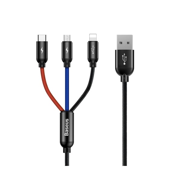 Кабел Baseus Three Primary Colors USB - micro USB / Lightning / USB-C  3.5A 1,2M, Черен