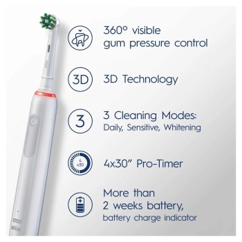 Електрическа четка за зъби, Oral-B PRO 3 3000 White Cross Action, Бяла, 48000 движения/минута, Таймер