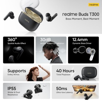 Слушалки Realme Buds T300 Truly Wireless in-Ear Earbuds, Bluetooth, Black