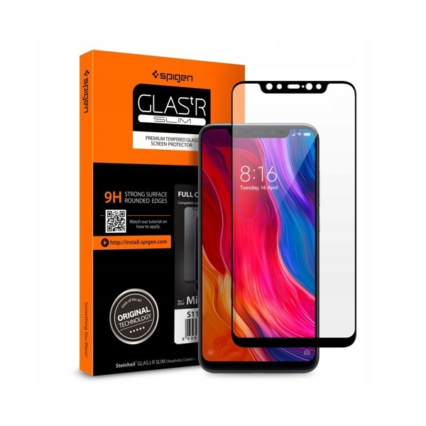 Стъклен протектор SPIGEN Glass FC за Xiaomi Mi8, Черен