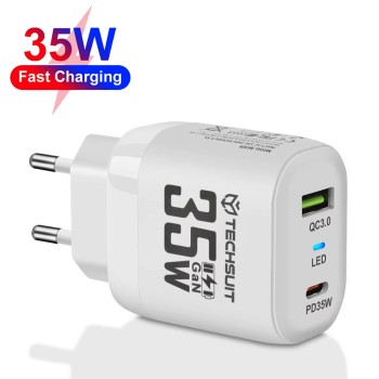 Зарядно Techsuit - Premium Wall Charger (CHPD174) - GaN, USB QC3.0, Type-C PD35W - White