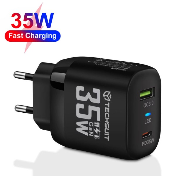 Зарядно Techsuit - Premium Wall Charger (CHPD174) - GaN, USB QC3.0, Type-C PD35W - Black