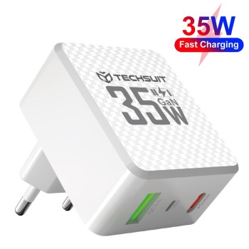 Зарядно Techsuit - Premium Wall Charger Tiny Series (CHPD173) - GaN, USB, Type-C, Fast Charge, PD35W - White