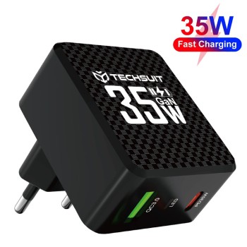 Зарядно Techsuit - Premium Wall Charger Tiny Series (CHPD173) - GaN, USB, Type-C, Fast Charge, PD35W - Black