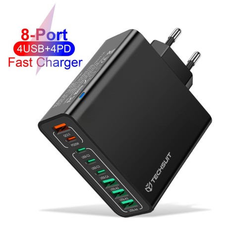 Зарядно Techsuit - Wall Charger (CHPD224) - 4 x USB, 4 X Type-C, Fast Charging, 65W - Black