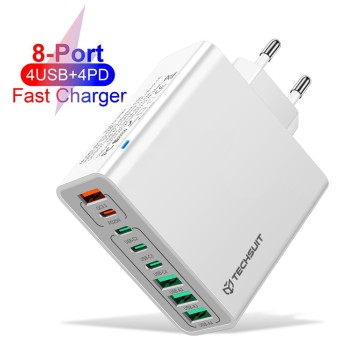 Зарядно Techsuit - Wall Charger (CHPD224) - 4 x USB, 4 X Type-C, Fast Charging, 65W - White