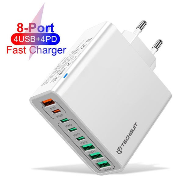 Зарядно Techsuit - Wall Charger (CHPD224) - 4 x USB, 4 X Type-C, Fast Charging, 65W - White