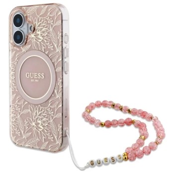 Калъф Guess - IML Flowers Allover Electro With Pearl Strap MagSafe (GUHMP16MHCPOFPP) - iPhone 16 Plus - Pink