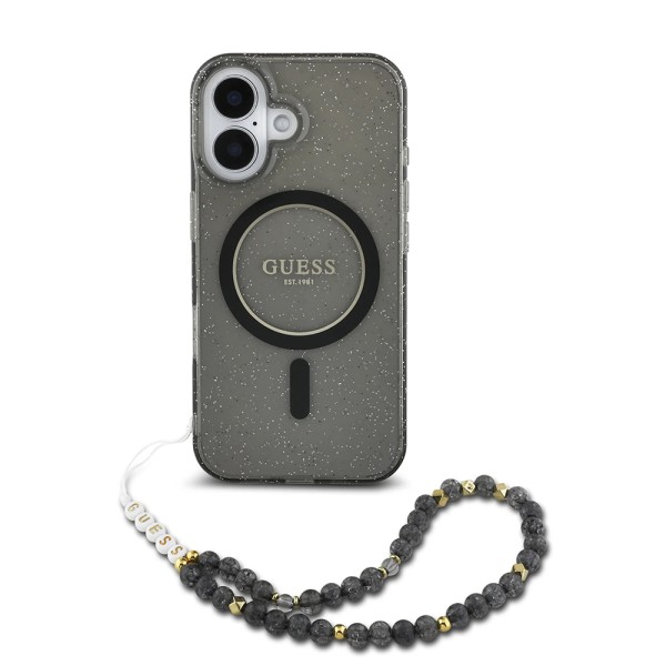 Калъф Guess - IML Glitter with Pearl Strap MagSafe (GUHMP16SHGCRELSK) - iPhone 16 - Black