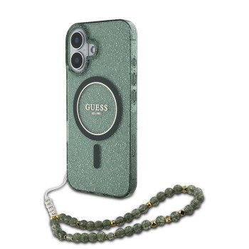 Калъф Guess - IML Glitter with Pearl Strap MagSafe (GUHMP16SHGCRELSA) - iPhone 16 - Green