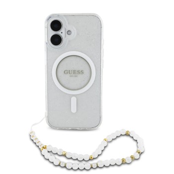 Калъф Guess - IML Glitter with Pearl Strap MagSafe (GUHMP16SHGCRELST) - iPhone 16 - Clear