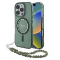 Калъф Guess - IML Glitter with Pearl Strap MagSafe (GUHMP16LHGCRELSA) - iPhone 16 Pro - Green