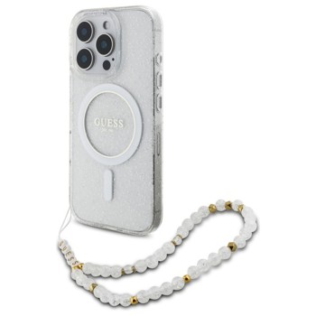 Калъф Guess - IML Glitter with Pearl Strap MagSafe (GUHMP16LHGCRELST) - iPhone 16 Pro - Clear