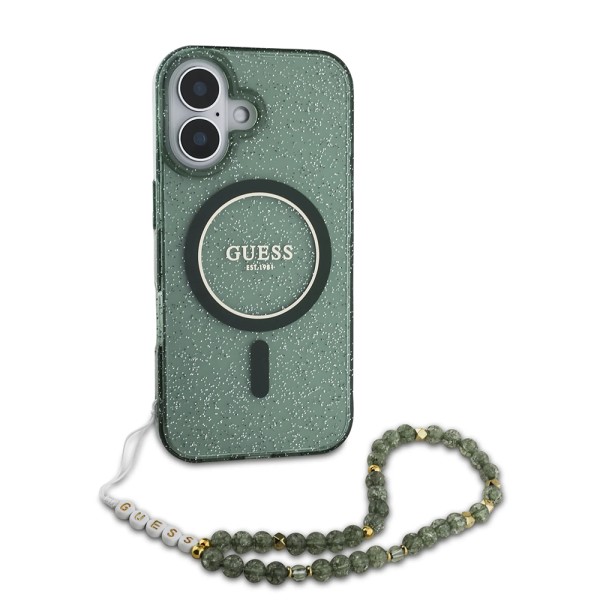 Калъф Guess - IML Glitter with Pearl Strap MagSafe (GUHMP16MHGCRELSA) - iPhone 16 Plus - Green