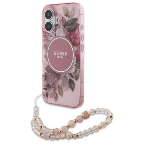 Калъф Guess - IML Flowers with Pearl Strap MagSafe (GUHMP16SHFWBRCESP) - iPhone 16 - Pink