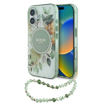 Калъф Guess - IML Flowers with Pearl Strap MagSafe (GUHMP16SHFWBRCESN) - iPhone 16 - Green