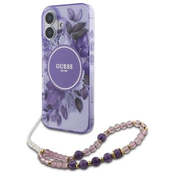 Калъф Guess - IML Flowers with Pearl Strap MagSafe (GUHMP16SHFWBRCESU) - iPhone 16 - Purple