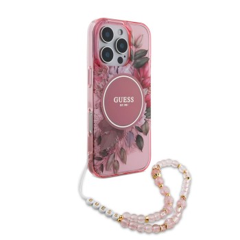 Калъф Guess - IML Flowers with Pearl Strap MagSafe (GUHMP16LHFWBRCESP) - iPhone 16 Pro - Pink