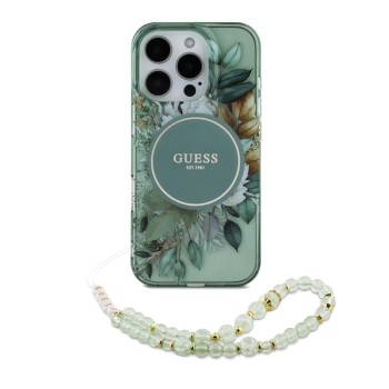 Калъф Guess - IML Flowers with Pearl Strap MagSafe (GUHMP16LHFWBRCESN) - iPhone 16 Pro - Green