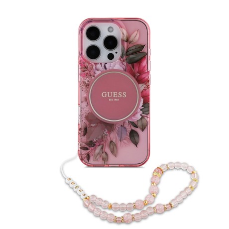 Калъф Guess - IML Flowers with Pearl Strap MagSafe (GUHMP16LHFWBRCESP) - iPhone 16 Pro - Pink