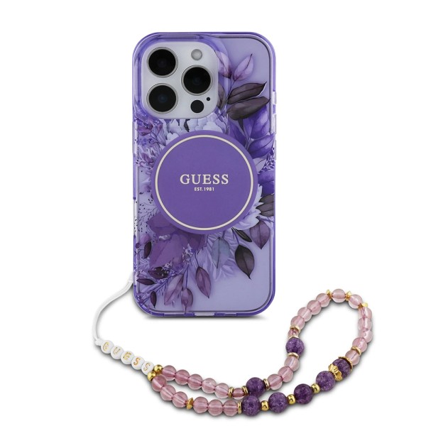 Калъф Guess - IML Flowers with Pearl Strap MagSafe (GUHMP16LHFWBRCESU) - iPhone 16 Pro - Purple