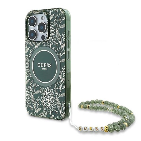 Калъф Guess - IML Flowers Allover Electro With Pearl Strap MagSafe (GUHMP16LHCPOFPA) - iPhone 16 Pro - Green