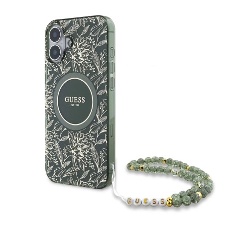 Калъф Guess - IML Flowers Allover Electro With Pearl Strap MagSafe (GUHMP16MHCPOFPA) - iPhone 16 Plus - Green