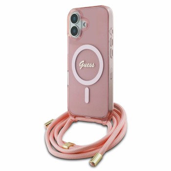 Калъф Guess - IML Crossbody Cord Script MagSafe (GUHMP16SHCTSGNSP) - iPhone 16 - Pink