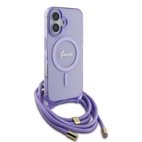 Калъф Guess - IML Crossbody Cord Script MagSafe (GUHMP16SHCTSGNSU) - iPhone 16 - Purple