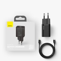 Захранване за ел. мрежа Baseus Super Si PD /20W, USB-C, и Type C към Lightning кабел, Черен