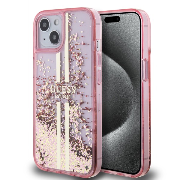 Калъф Guess - Liquid Glitter Gold Stripes (GUHCP15MLFCSEGP) - iPhone 15 Plus - Pink