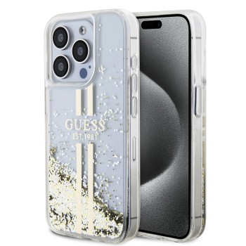 Калъф Guess - Liquid Glitter Gold Stripes (GUHCP15LLFCSEGT) - iPhone 15 Pro - Transparent