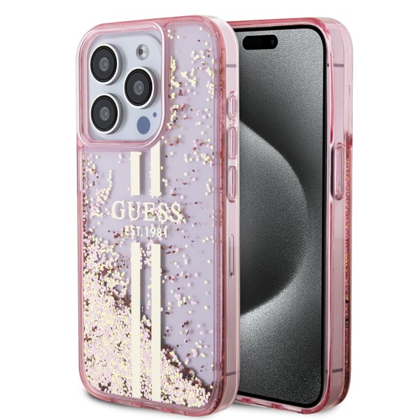 Калъф Guess - Liquid Glitter Gold Stripes (GUHCP15LLFCSEGP) - iPhone 15 Pro - Pink